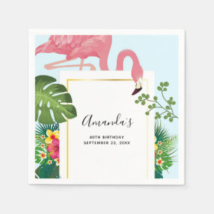 Stylish Pink Flamingo and Tropical Leaves Napkin