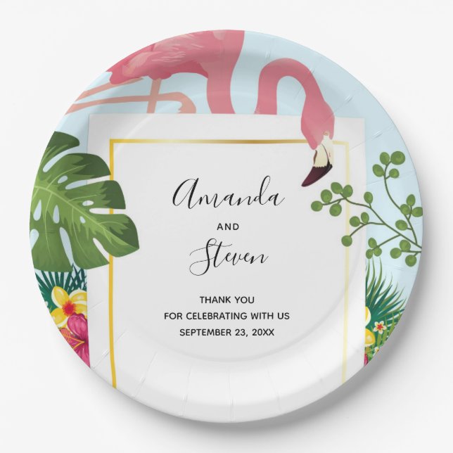 Stylish Pink Flamingo and Tropical Leaves Paper Plate (Front)