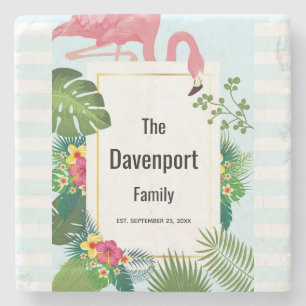 Stylish Pink Flamingo and Tropical Leaves Stone Co Coaster