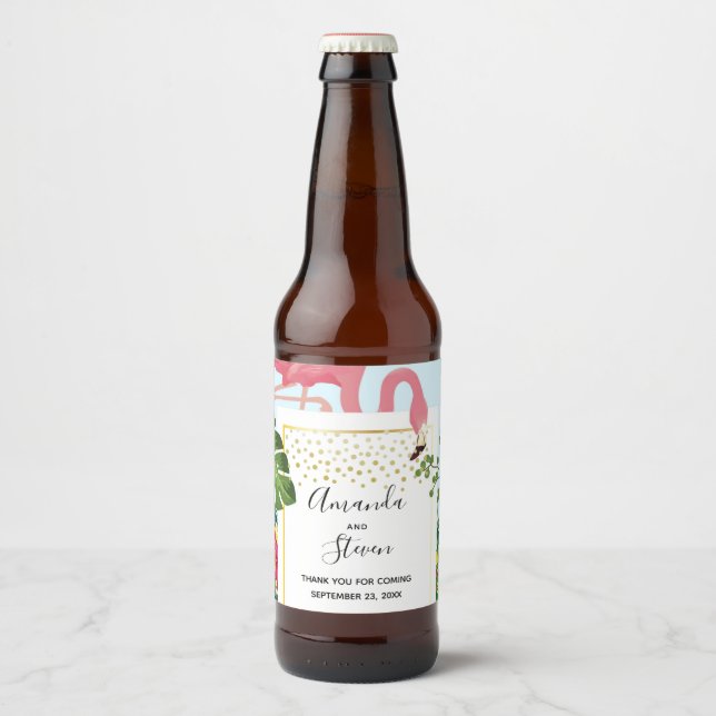 Stylish Pink Flamingo and Tropical Leaves Wedding  Beer Bottle Label (Front)
