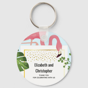 Stylish Pink Flamingo and Tropical Leaves Wedding Key Ring
