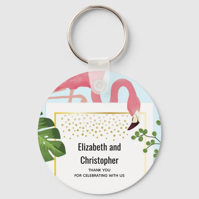 Stylish Pink Flamingo and Tropical Leaves Wedding Key Ring (Front)