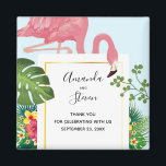 Stylish Pink Flamingo and Tropical Leaves Wedding Magnet<br><div class="desc">A wedding thank you magnet with a cute and whimsical pink flamingo. Surrounded by green tropical leaves,  and red and yellow hibiscus flowers. A rectangle shaped,  gold gradient frame in the centre.</div>