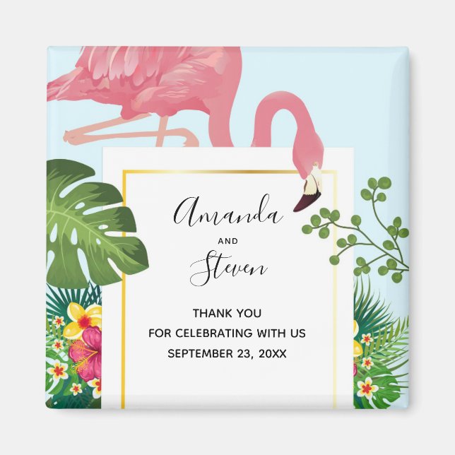  Stylish Pink Flamingo and Tropical Leaves Wedding Magnet (Front)