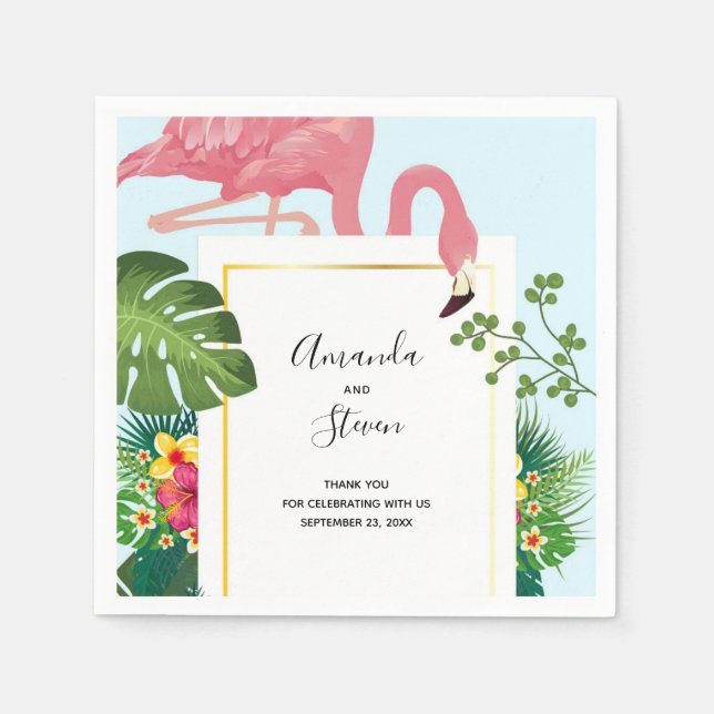 Stylish Pink Flamingo and Tropical Leaves Wedding Napkin (Front)