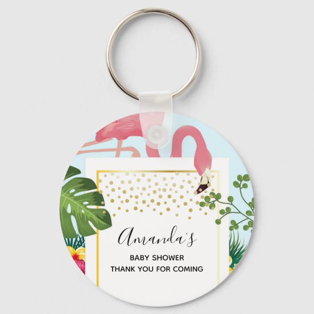 Stylish Pink Flamingo Baby Shower Key Ring (Front)