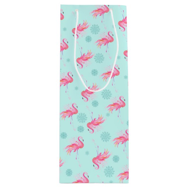 Stylish Pink Flamingo Christmas Snow Flake Wine Gift Bag (Front)
