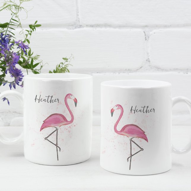 Stylish Pink Flamingo Trendy Modern Calligraphy  Coffee Mug (A cute pink flamingo custom mug. With a watercolor pink flamingo)