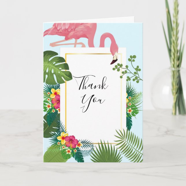 Stylish Pink Flamingo & Tropical Leaves Thank You Card (Front)