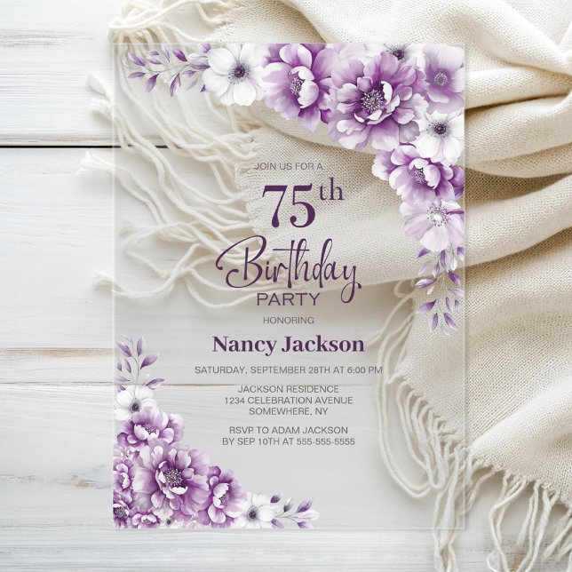 Stylish Pink Floral 75th Birthday Party Acrylic Invitations (Creator Uploaded)