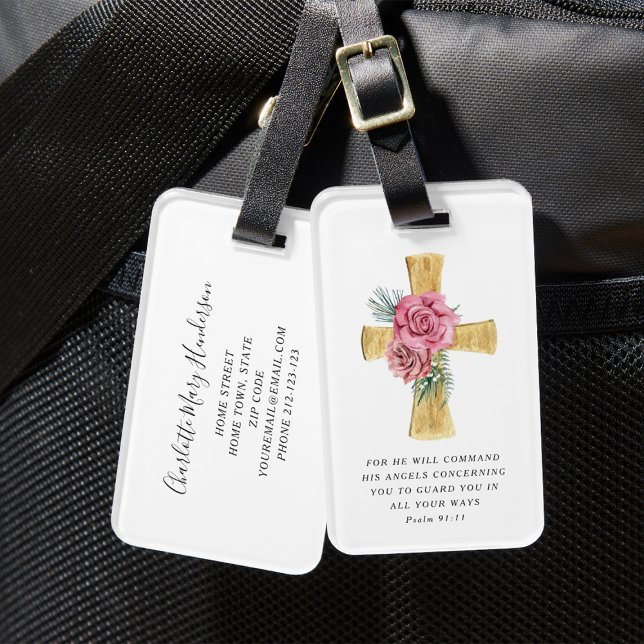 Stylish Pink Floral Cross Luggage Tag (Religious Floral Cross Psalm 91:11 Bible Verse Luggage Tag)