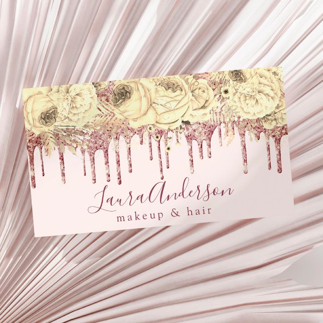 Stylish pink floral glitter drips makeup & hair  business card (Creator Uploaded)