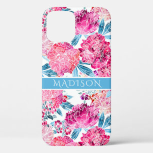 Stylish Pink Floral Pattern Chic Personalised Name iPhone 12 Case