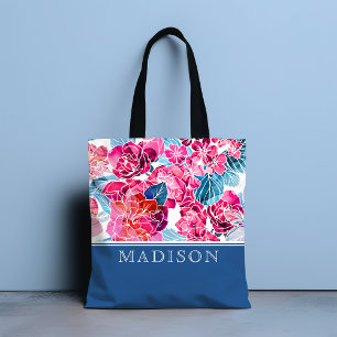 Stylish Pink Floral Pattern Chic Personalised Name Tote Bag
