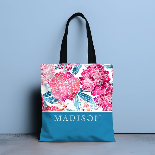 Stylish Pink Floral Pattern Chic Personalised Name Tote Bag (Creator Uploaded)