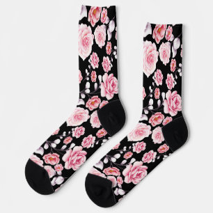 Stylish pink floral pattern print on black socks