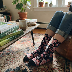 Stylish Pink Floral Pattern Print on Black Socks