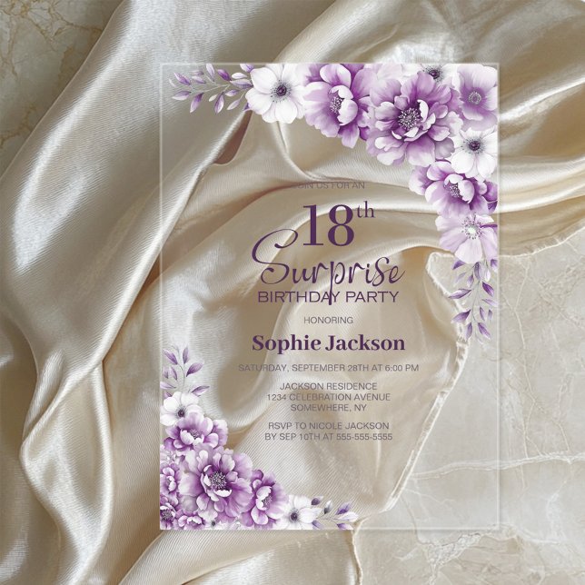 Stylish Pink Floral Surprise 18th Birthday Party Acrylic Invitations (Creator Uploaded)