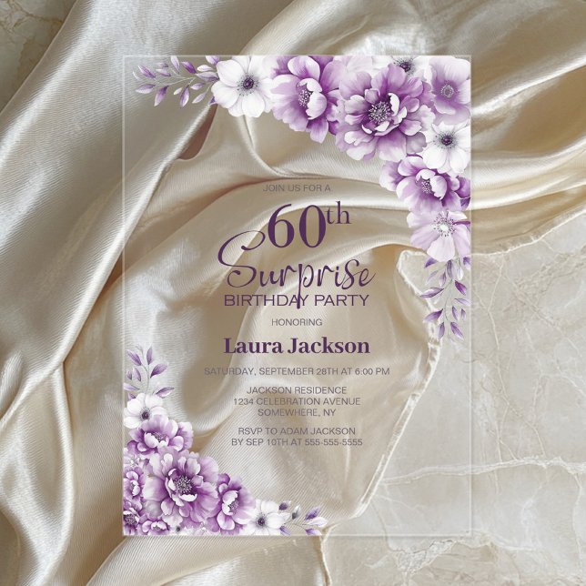 Stylish Pink Floral Surprise 60th Birthday Party Acrylic Invitations (Creator Uploaded)