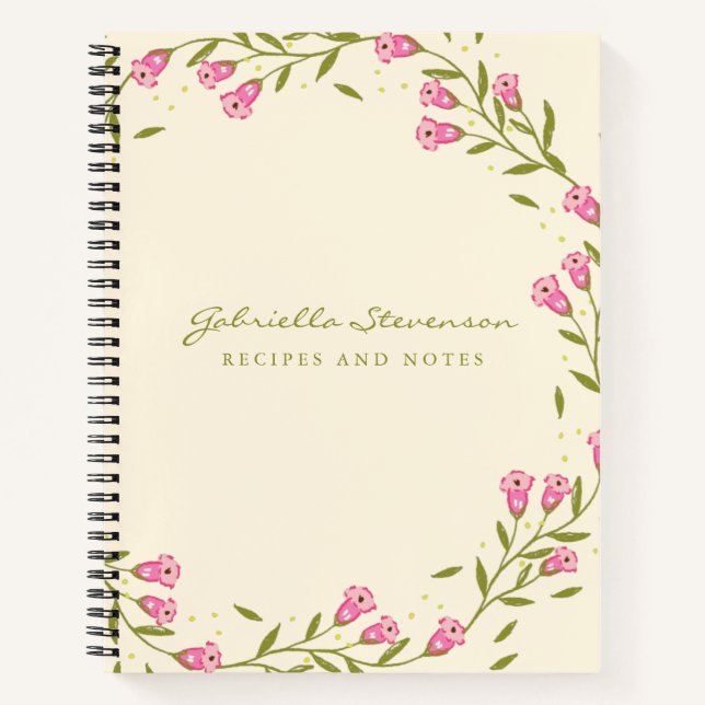 Stylish Pink Floral Wreath Custom Name Recipe Notebook (Front)