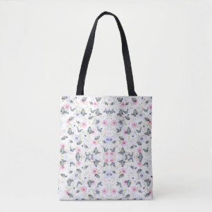 Stylish pink Flower & blue butterfly print pattern Tote Bag