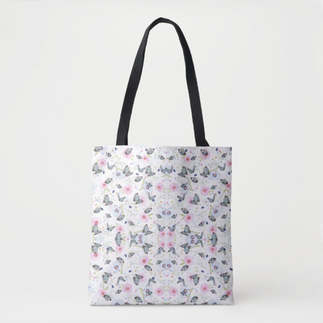 Stylish pink Flower & blue butterfly print pattern Tote Bag (Front)