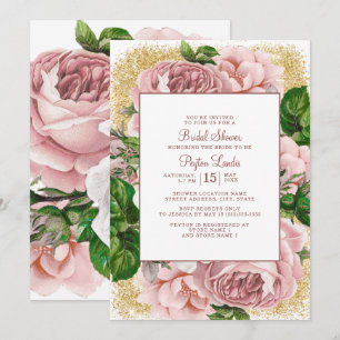 Stylish Pink Flowers Gold Glitter Bridal Shower Invitation