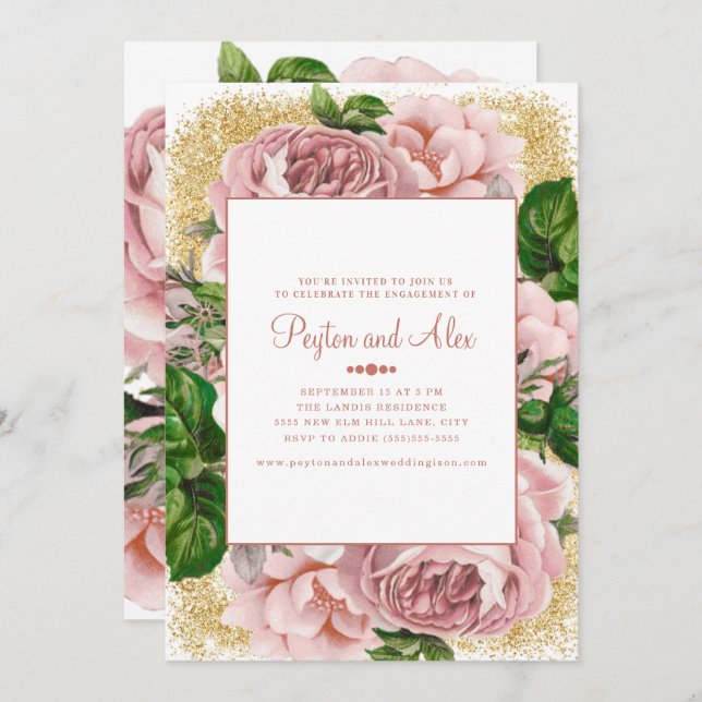 Stylish Pink Flowers Gold Glitter Engagement Party Invitation (Front/Back)