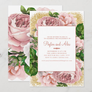 Stylish Pink Flowers Gold Glitter Engagement Party Invitation