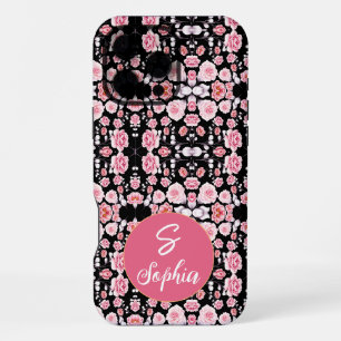Stylish pink Flowers on black pattern Custom names iPhone 16 Pro Max Case