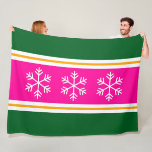 Stylish Pink Forest Green White Stripes Snowflakes Fleece Blanket