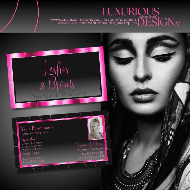 Stylish Pink Frame Black Gradient Chic with Photo Business Card (Creator Uploaded)