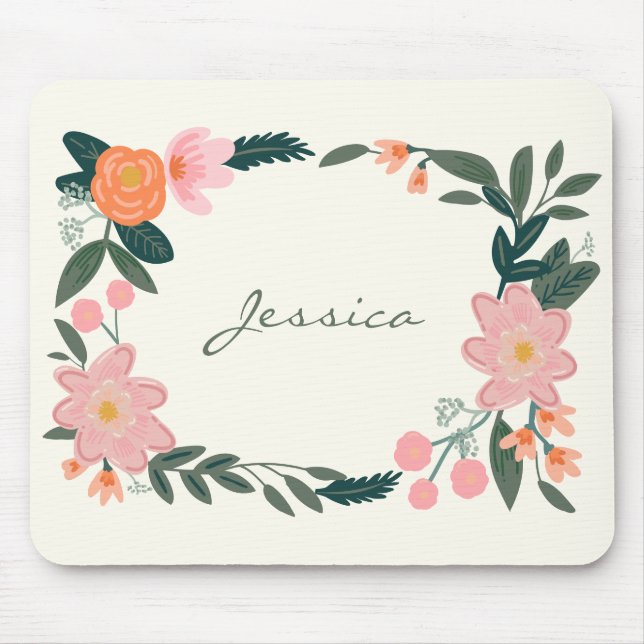 Stylish Pink Garden Floral Personalised Mouse Pad (Front)