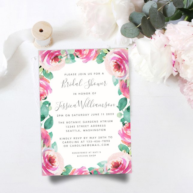 Stylish Pink Garden Roses Floral Bridal Shower Invitation (Creator Uploaded)