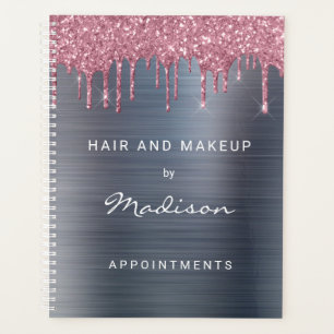 Stylish Pink Glitter Drip Silver Appointment Planner