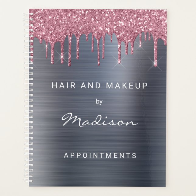Stylish Pink Glitter Drip Silver Appointment Planner (Front)