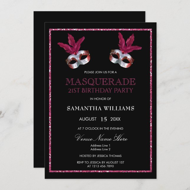 Stylish Pink Glitter Masquerade 21st Birthday Invitation (Front/Back)