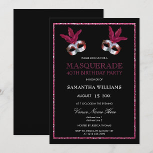 Stylish Pink Glitter Masquerade 40th Birthday Invitation