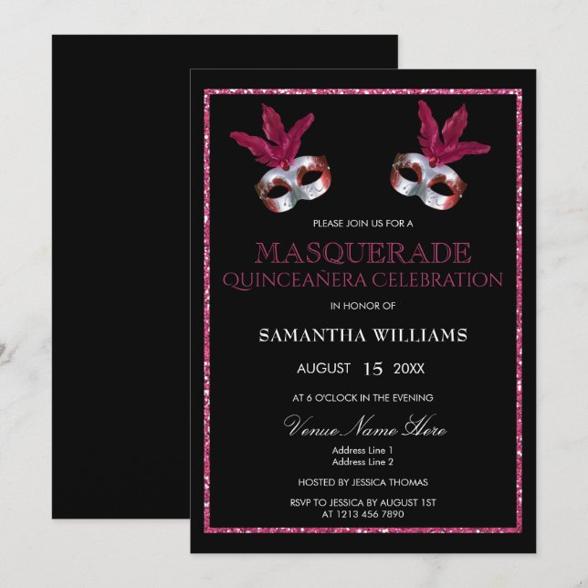 Stylish Pink Glitter Masquerade Quinceañera Invitation (Front/Back)