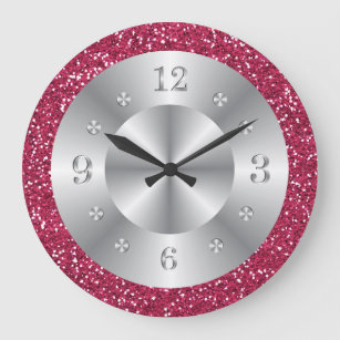 Stylish  Pink Glitter Silver Numbers Large Clock