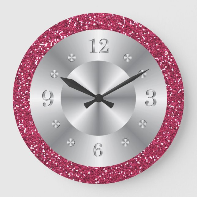 Stylish  Pink Glitter Silver Numbers Large Clock (Front)