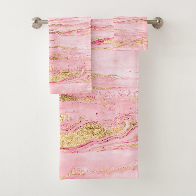 Stylish Pink Gold Abstract Marble Liquid Paint Bath Towel Set (Insitu)