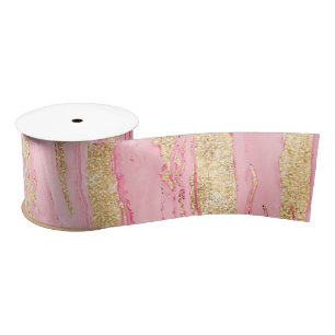 Stylish Pink Gold Abstract Marble Liquid Paint Satin Ribbon