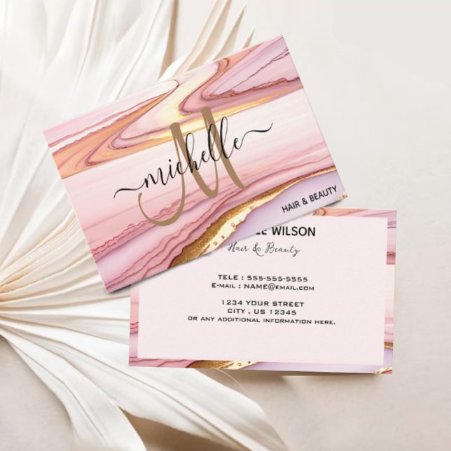 Stylish Pink Gold Glitter Marble Agate Monogram  Business Card (Stylish Pink Gold Glitter Marble Agate Monogram Business Card)