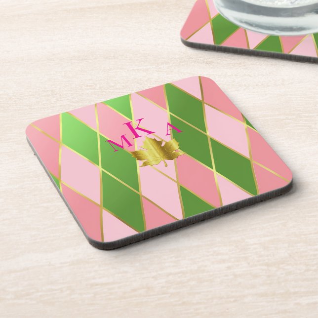 Stylish Pink & Green Argyle Monogram Coaster (Left Side)