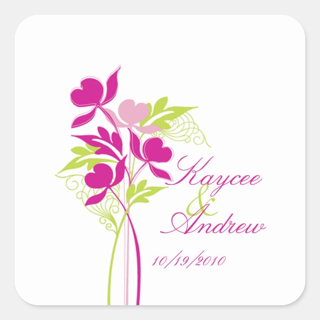 Stylish Pink & Green Bouquet Wedding Square Sticker (Front)