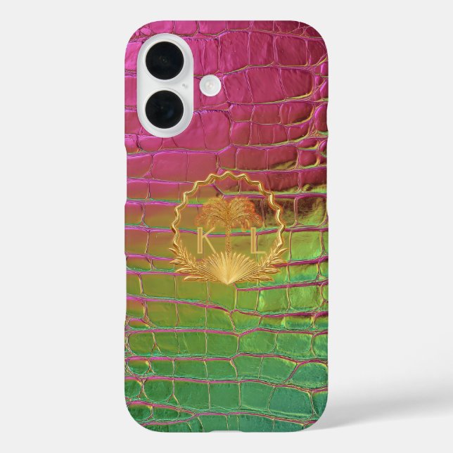 Stylish Pink Green Iridescent Croc Monogram  Case-Mate iPhone Case (Back)