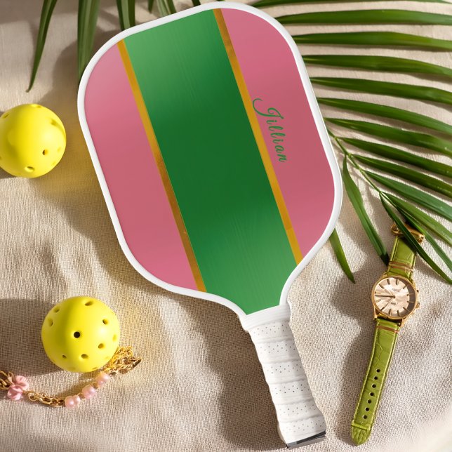 Stylish Pink Green Monogram Preppy  Pickleball Paddle (Pink and Green Monogrammed Pickleball Paddle 
)