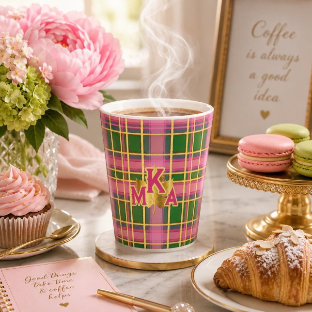 Stylish Pink & Green Plaid  Monogrammed Latte Mug (Stylish Monogrammed Pink and Green Plaid Latte Mug )
