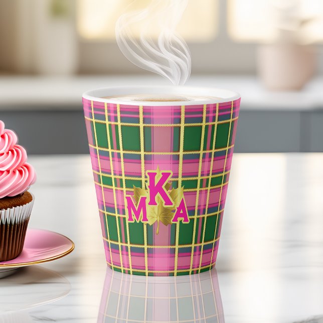 Stylish Pink & Green Plaid  Monogrammed Latte Mug (Stylish Monogrammed Pink and Green Plaid Latte Mug )